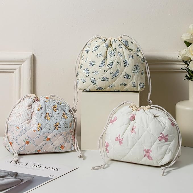 Cotton Quilted Drawstring Makeup Bag with Canvas Lining,Coquette Aesthetic Cute Travel Toiletry Bag,Drawstring Gift Bag for Women and Girls（08Pink Flower）
