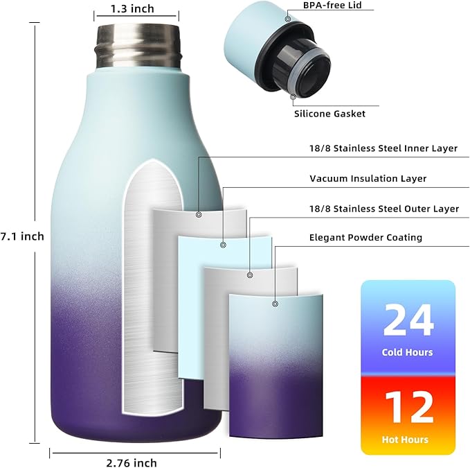 BJPKPK Insulated Water Bottles, 12oz Stainless Steel Metal Water Bottle with Strap, BPA Free Leak Proof Jugs, Mugs, Flasks, Reusable Thermal Flasks for Sports & Travel, Ocean Dream