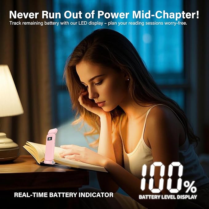 KTEBO Rechargeable Book Light with Clip & Battery Indicator, 9 Luminescence Modes, USB-C Portable 1.6 oz Ultralight Lamp for Night Reading in Bed, Readers - Pink