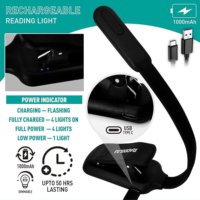 Rechargeable Book Light for Reading - 9LED Eye-Caring Clip Light w/ 9 Color Temp, Stepless Dimming, 50H Battery, USB-C, Ultra Slim - Gift for Book Lovers (Black)