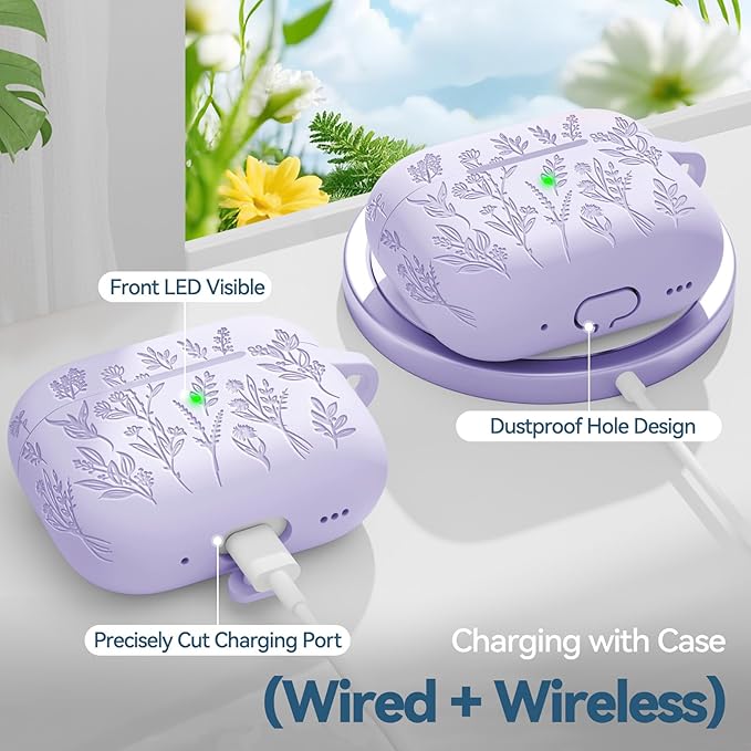 Flower Engraved Case for Apple AirPods Pro 2 Gen with Clean Kit,Soft Silicone Protective Case Cover for AirPod Pro 2nd/1st Generation Keychain,Lanyard,3 Pair Ear Tips,Front LED Visible,Pastel Lilac