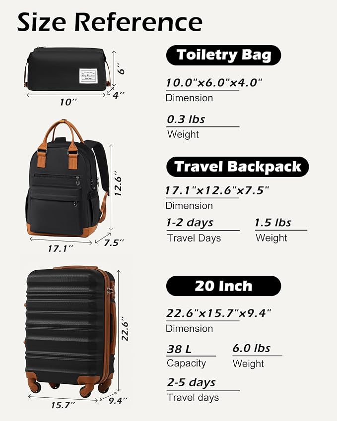 LONG VACATION Carry On Luggage Sets 3 Piece 20 Inch Suitcase Set, ABS+PC Hardshell Lightweight Travel Luggage with Spinner Wheels & YKK Zipper TSA Lock (20 INCH (BP/TB), BLACK-BROWN)