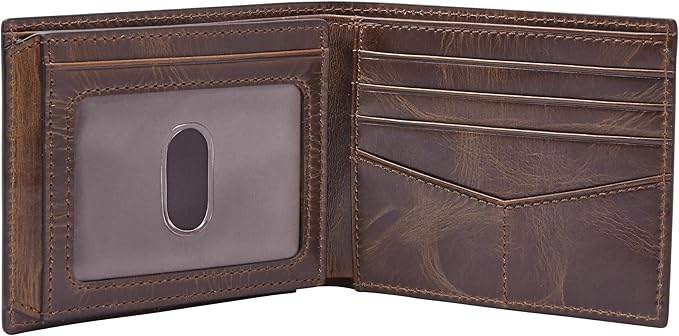 Fossil Men's Wallet, Derrick Leather RFID-Blocking Wallet, Bifold with Flip ID, Dark Brown