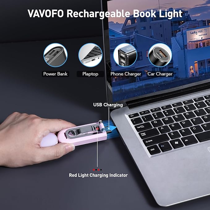 VAVOFO USB Rechargeable Book Light, Blue Light Blocking, Amber Light Clip On Bookmark Shaped Reading Light, Eye Care 6 LEDs Book Light for Bookworms Reading in Bed with 9 Lighting Modes (Pink Purple)
