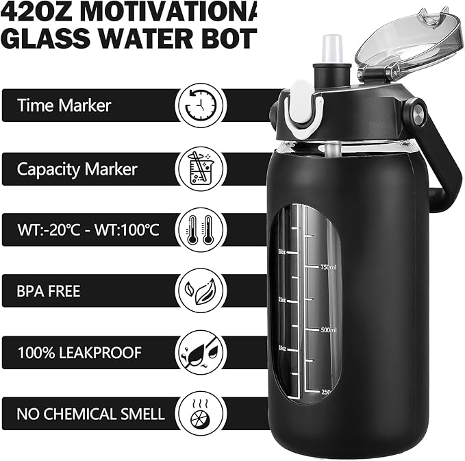42oz Glass Water Bottles with Straw, Motivational Glass Bottle with Silicone Sleeve and Time Marker, Leakproof Large Glass Water Jug for Gym Home Office,Black