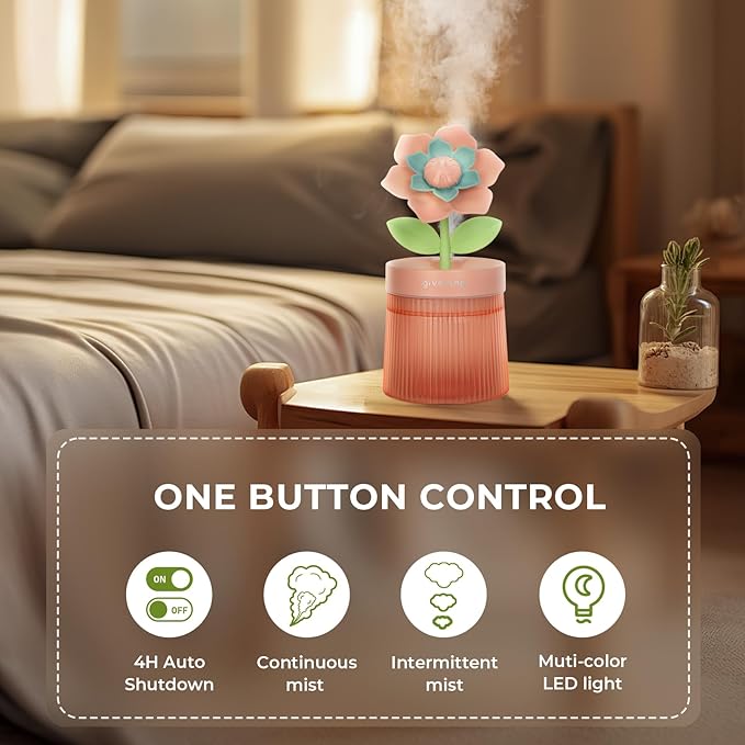 260ml Flower Mini Humidifier, Pink Gardenia Desktop Small Humidifiers, Personal Cool Mist Humidification, USB Desk Humidifier for Bedroom, Office, Travel & Indoor Plants