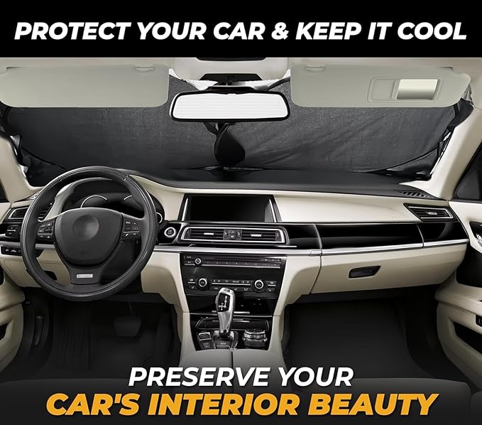 Autovir Windshield Sun Shade – 280T Reflective Front Window Sun Blocker, Heat Shield Automotive Sun Visor Protection, Foldable with Storage Bag, Car Accessories Fits Coupe, Hatchback