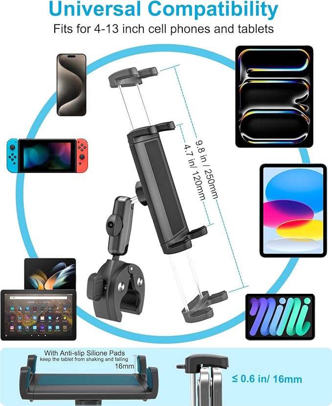 Boat Helm Tablet Mount, Marine Rail Tablet Holder with Aluminum Arm, 360° Adjustable Sailboat Pole Rod Handle Bar Clamp Mount for iPad Pro 13 12.9 11 Air Mini, Galaxy Tab, iPhone, 4-13" Device
