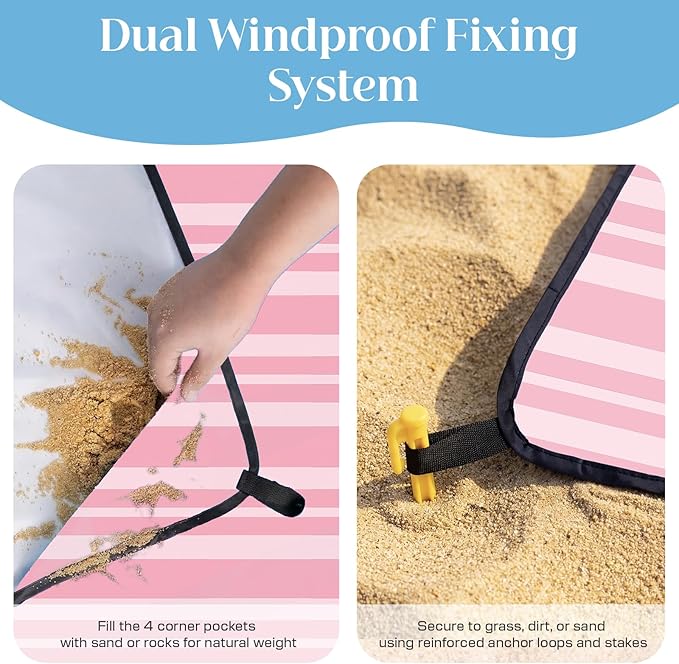 OIGAE 7x7ft Sandproof Beach Blanket - Large Waterproof Picnic Mat for 3-4 People, Lightweight Sand Free Mat for Summer Vacation with 6 Stakes & 4 Corner Pockets for Beach, Camping, Festivals