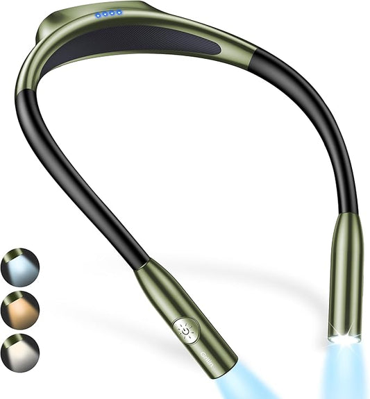 Gritin LED Neck Reading Light,Book Light for Reading in Bed-Eye Caring 3 Colors, Dimmable Brightness, Bendable Arms, 80+Hrs Runtime, Neck Round Design, Lightweight for Crafting, Knitting-Deep Green