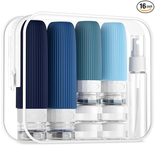 Mrsdry 16 Pack Travel Bottles Set, TSA Approved Leak Proof Silicone Squeezable Containers for Toiletries, Refillable Travel Accessories for Conditioner, Shampoo, Lotion & Body Wash Accessories