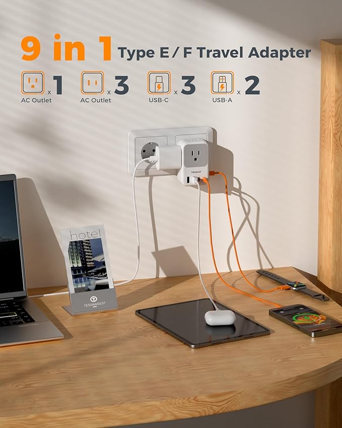 TESSAN Type F Plug Adapter 2 Pack, 28W Germany France Travel Plug Adapter with 4 Outlets 5 USB Ports (3 USB-C), Type E Power Adaptor for US to Europe Spain Iceland Greece South Korea Russia Norway