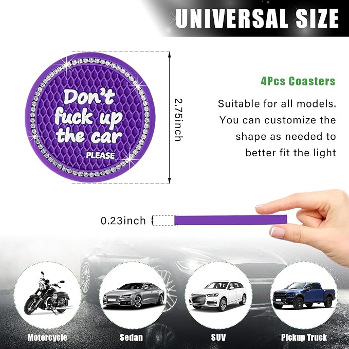 Ziciner 4 Pack Bling Car Cup Holder Coaster, 2.75 Inch Anti-Slip Auto Insert Cup Coaster, Crystal Car Drink Cup Mat Perfect for Women Girls, Universal Interior Decor Accessories (Dark Purple)