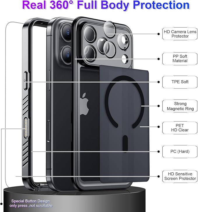 Magnetic Compatible with iPhone 17 Pro Case,Waterproof Built-in Screen & Camera Protector IP68 Underwater Full Body Military Dropproof Translucent Matte Phone Case 6.3"-Mag/Black