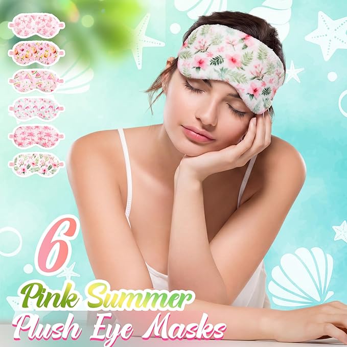 Cuffbow 6 Pack Plush Sleep Mask Set, Cute Plush Eye Masks for Sleeping, Soft Comfortable Travel Nap Blindfold, Sleepover Party Favors for Women (Summer,Pink)