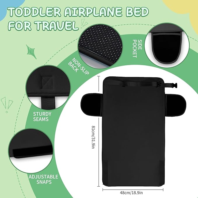 Large Size BlackToddler Airplane Bed, Portable Airplane Seat Extender Travel Bed for Kids, Soft Baby Plane Travel Essentials for Flying, Toddlers Long Flight Must Haves Footrest