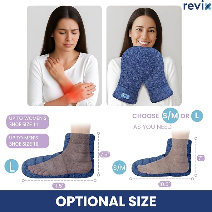 REVIX Microwavable Heating Mittens and Feet Warmers, Hand Warmer Gloves for Women and Men, Microwave Heated Foot Warmer for Fatigue and Discomfort Relief, Cold Feet Reliever, Navy S, Set of 2