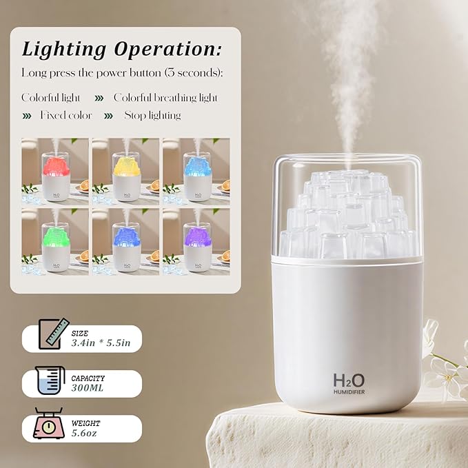 Portable Mist Humidifier with Colorful Light Auto-Off USB Desktop Personal Humidifiers 2 Cool Spray Modes 300ml for Bedroom Office Car Travel White