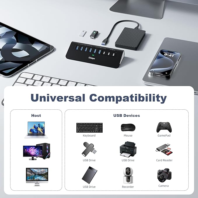 Powered USB Hub 10Gbps, intpw YH6AC 9-Port USB HUB with USB A/USB C 3.2, 4 USB 3.0, 2 PD 45W Charging Port, 65W Power Adapter + 5FT Cable, Aluminum USB Hub for Laptop, PC,iPhone 17/16