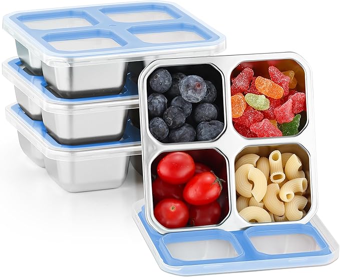 BEFOY 4 Pack Stainless Steel Snack Containers with Lids 4 Compartment Food Storage Containers for Adults & Kids Meal Prep Containers Reusablele (Sky blue, 4)