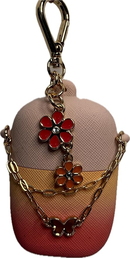Bath and Body Works Peach and Pink Ombré Spring Pocketbac Hand Sanitzer Holder WIth Pretty Flower and Butterfly Charms On A Chain