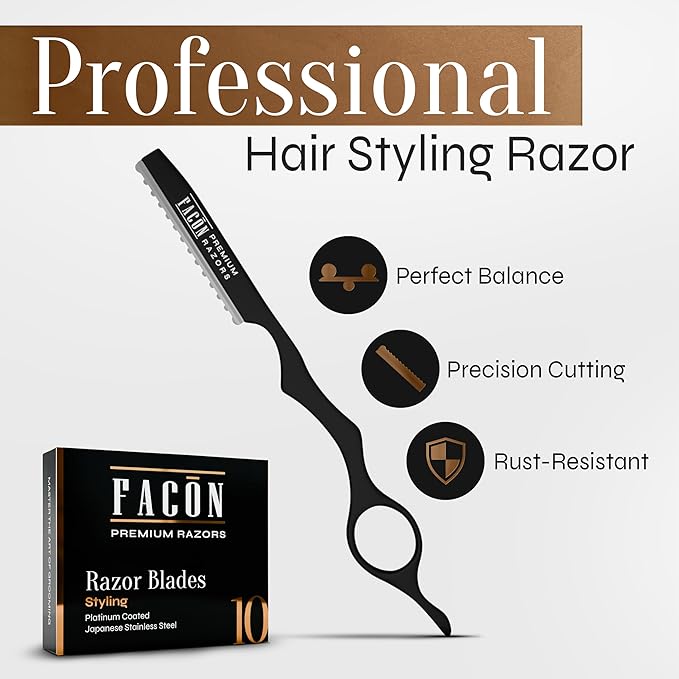 Facón Hair Razors for Cutting Hair - Professional Styling Razor Kit with 11 Replacement Blades, Stainless Steel Hairs Cutting Tool for Salon & Home, Premium Cutting Thinning Texturizing Faether Razor