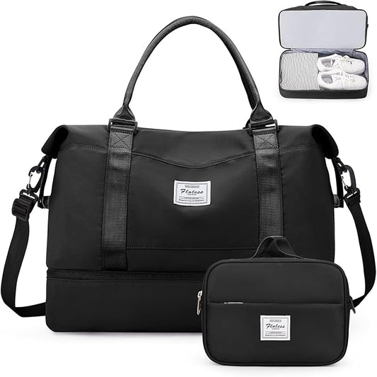 Weekender Bags for Women,Overnight Travel Duffel Bag with Shoes Compartment& Toiletry Bag,Extra Large(Black)