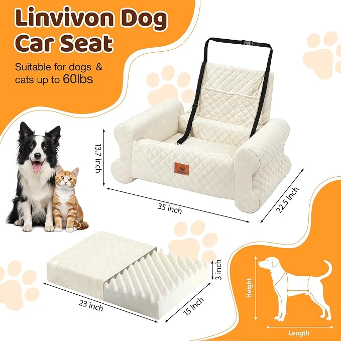 Dog Car Seat for Medium/Large Dogs up to 60 lbs, Memory Foam Dog Booster Seat with Thick Cushion, Pet Car Seat for Back with Detachable Washable Cover, Storage Pockets for SUV, Pick Up, Trunk, White