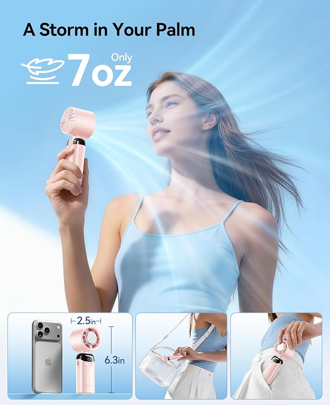 KIMMOO Handheld Portable Turbo Fan with Ice Cooler, Powerful 21000 RPM, Speed (1-199), Up to 14Hrs Cooling, Rechargeable Personal Fan, Small Pocket Hand Fans for Travel/Outdoor/Home/Office (Pink)