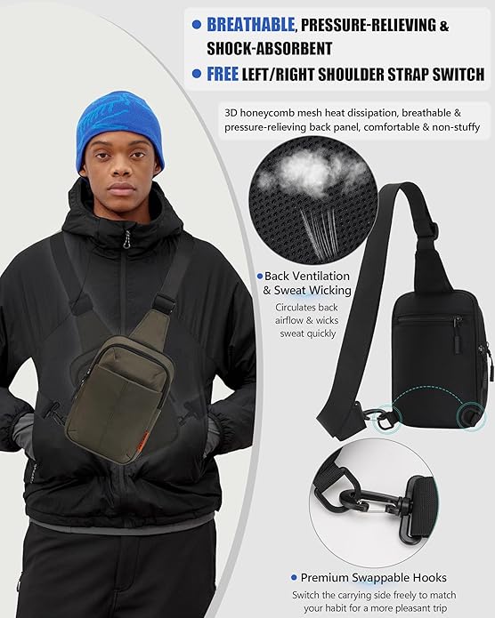 Peicees Small Anti Theft Sling Bag with Zipper Clip for Men Women, Waterproof Mini Crossbody Chest Bag for Travel Work Sport