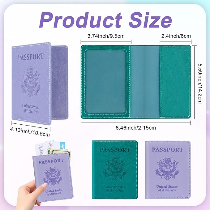 Passport Holder for Travel, 2 PCS Passport Holder, Travel Passport Holders Must Haves for Women Men, Passport Cover Passport Wallet Case Holders for Travels Cruise Ship Essentials, Purple & Lake Blue