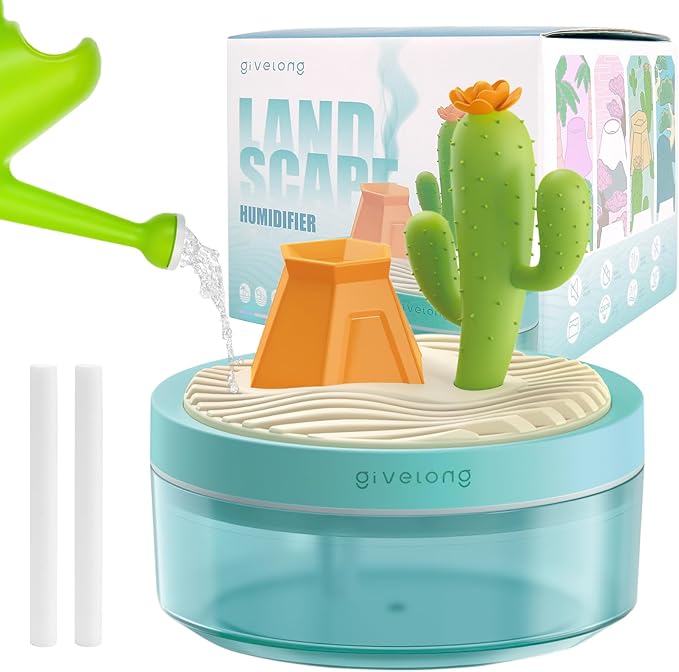 PRATIQUE Mini Portable Desktop Humidifiers for Bedroom,Small Humidifier with Cactus Landscape,Quiet,Cool Mist, Auto Off,7 Colors Night Light,320ml Air Humidifier Home Office Travel (GREEN)
