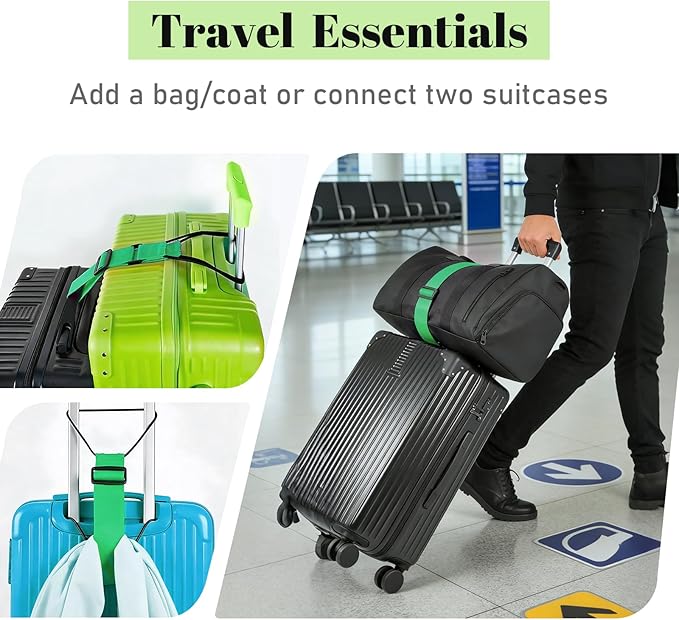Multi Use Strong Adjustable Luggage Connector Straps for Suitcases,2 Pack Flexible Luggage Accessories Elastic Fastening Bag Strap (Green)