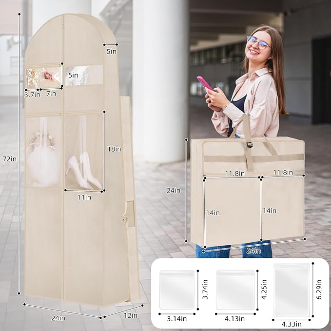 Wedding Dress Garment Bag,72’ Tri-Fold Bridal Gown Bag with 6 Pouches and Adjustable Buckle Gown Cover for Wedding/Prom/Travel/Closet Storage (Beige)