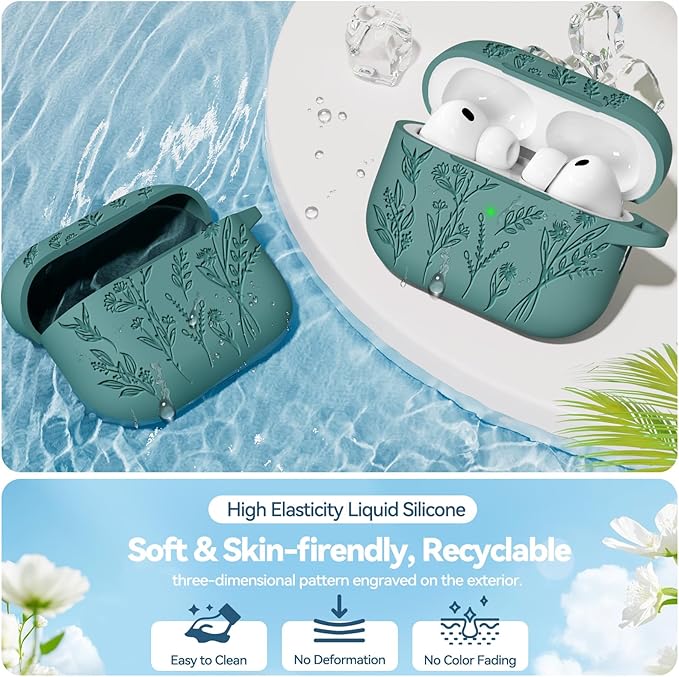 Ekoonpft for Airpods Pro 3 Case, Flower Engraved Cases for Apple AirPods Pro 3rd Generation 2025, Soft Silicone Cover for Women Girly with Cleaning Kit & Keychain, Anti-Scratch, Shockproof