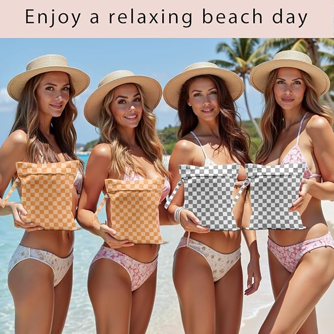 Wet Bag, 4Pcs Wet Dry Bag Set, Reusable Waterproof Bags with Mixed Checkerboard for Women, Ideal for Beach Vacations, Pool Days, Travel & Daily Essentials Storage