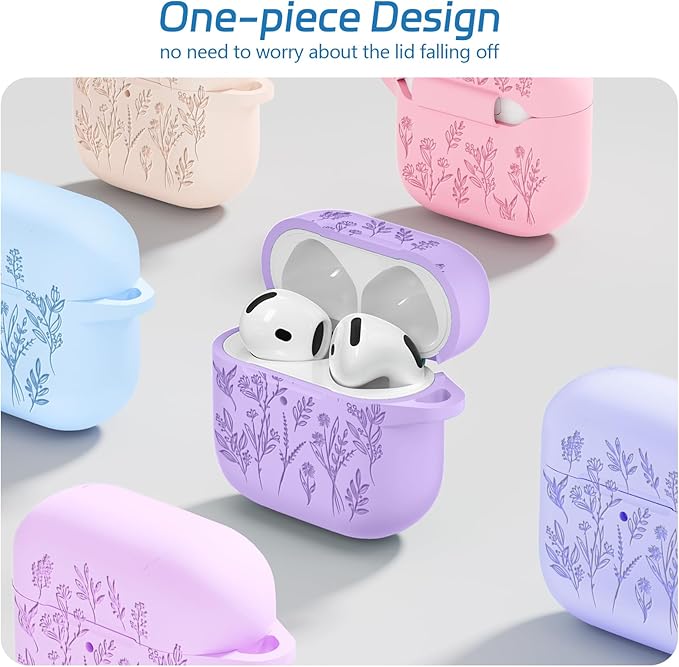 for Airpods 4 Case, Ekoonpft Flower Engraved Cases for Apple AirPods 4th Generation 2024, Soft Silicone Cover for Women Girly with 3-in-1 Cleaner Kit, Keychain, Military Grade Protection
