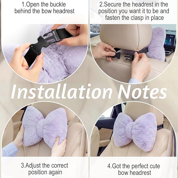 Macarrie 2 Pcs Car Neck Pillow Velvet Bow Headrest Pillow Soft Comfortable Seat Neck Support Cute Bow Car Accessories for Driving Travel Driver Chair Girl Style Interior Decor(Solid,Purple)