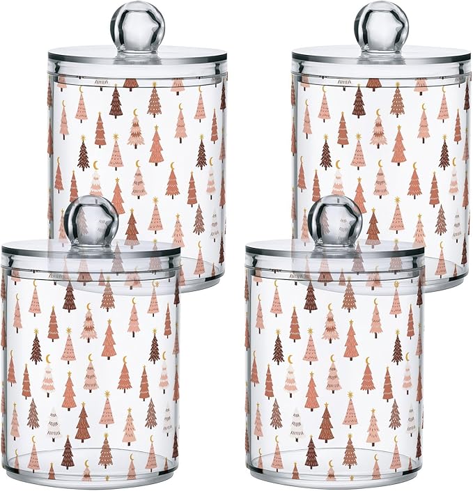 Gredecor 2 Pack Qtip Holder Clear Pastel Christmas Tree Pink Forest Apothecary Jars with Lids Acrylic Christmas Winter Bathroom Jars Vanity Canister Storage Organizer for Cotton Ball,Swabs,Pads,Floss
