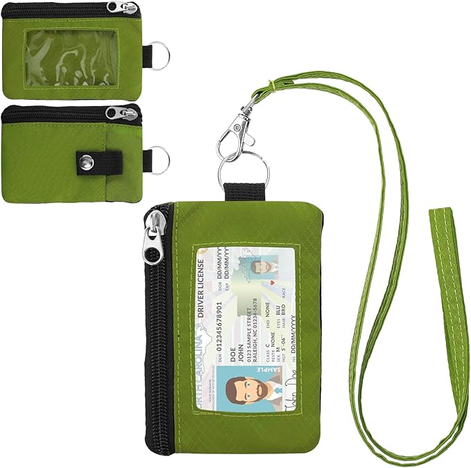 Minimalist Small Wallet for Men Women with 2 Zip Pockets, Multi Functional ID Case with Keychain and Card Holder, Coin Purse Badge Lanyard Pouch for Boys Girls Travel - Grass Green