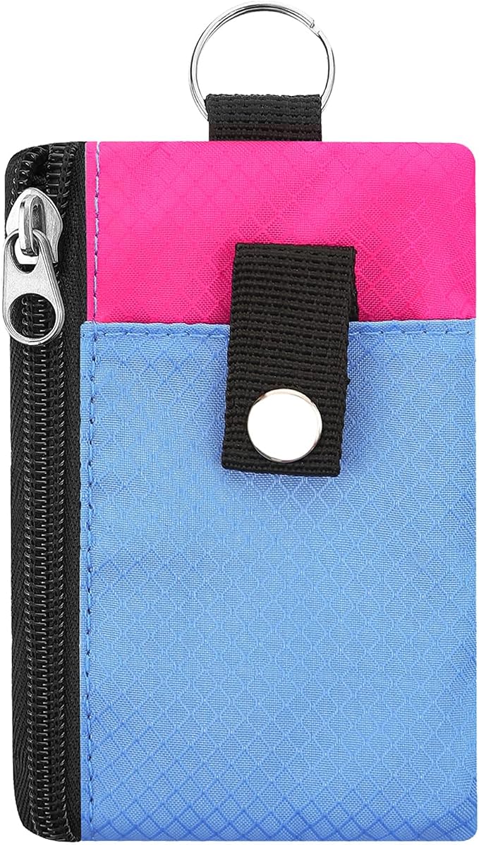 Minimalist Small Wallet for Men Women with 2 Zip Pockets, Multi Functional ID Case with Keychain and Card Holder, Coin Purse Badge Lanyard Pouch for Boys Girls Travel -LightBlue+Rose
