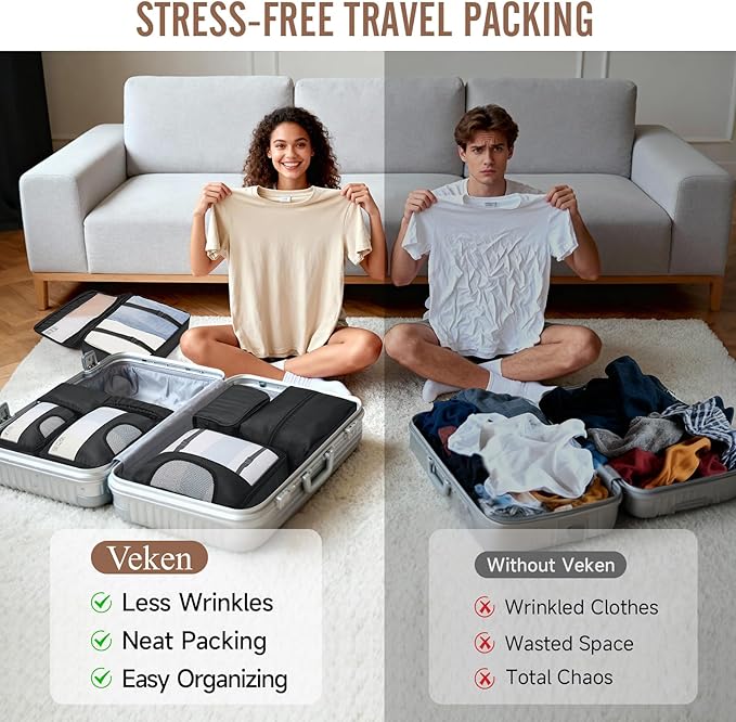 Veken 10 Set Packing Cubes for Travel Essentials,Anti-Wrinkle Buckled Suitcase Organizer for Shoe & Toiletry Bag,Carry On Luggage Bag for Airplane & College Dorm Room Accessories,Women Men Gifts