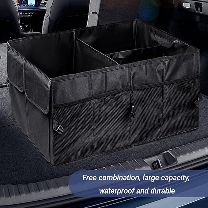 Trunk Organizer for Car Foldable Sturdy Style with 3 Compartments Holds Auto Accessories Tools Automotive Consoles and Organizers For Vehicle Trunk Storage (Black)