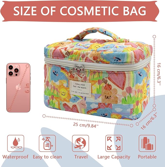 Gosect Large Makeup Bag, Cute Cosmetic Bag for Women Girls, Floral Coquette Aesthetic Toiletry Bag, Travel Make Up Organizer Bag (Heart Shape)