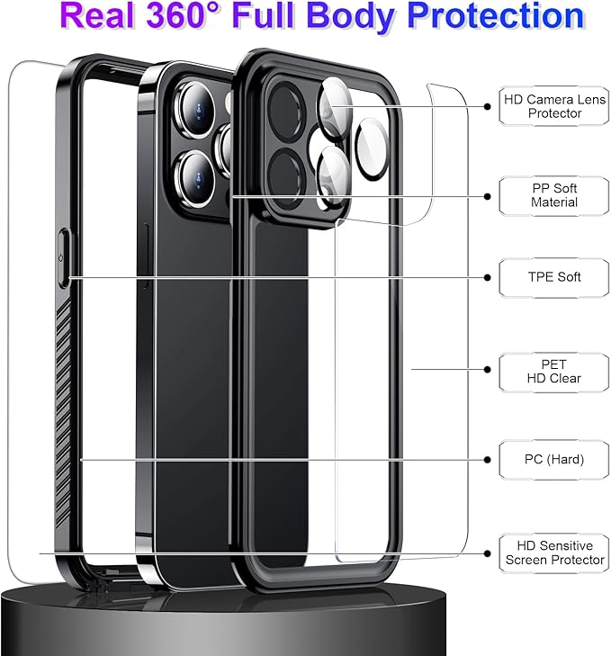 Compatible with iPhone 14 Pro Max Case Waterproof, Built-in Screen & Camera Protector IP68 Underwater Full Body 14FT Military Dropproof Shockproof Phone Case 6.7"-Black/Clear