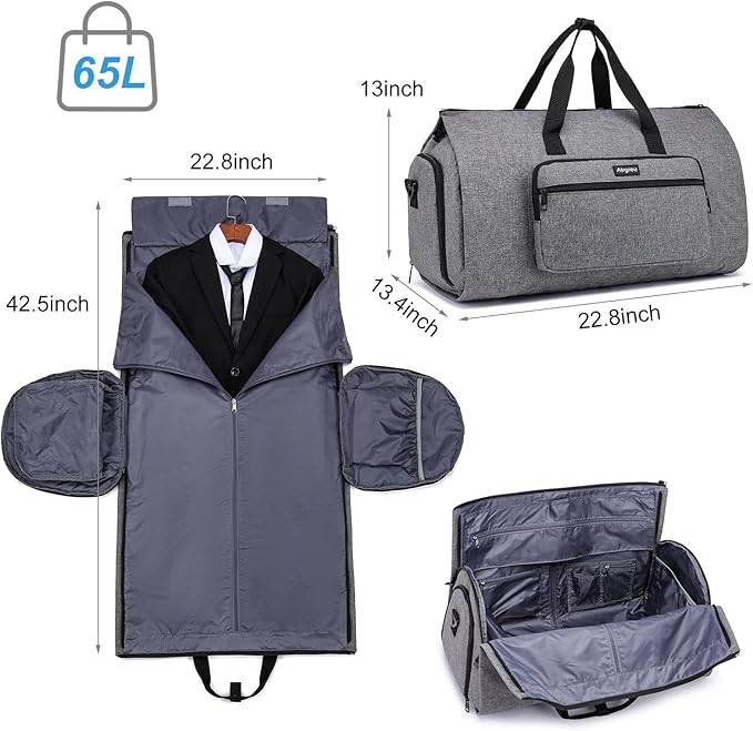 Garment Bag for Travel, Large Convertible Carry on Garment Duffel Bag for Men Women with Shoe Compartment, 2 in 1 Hanging Dress Suitcase Suit Travel Bags, Grey