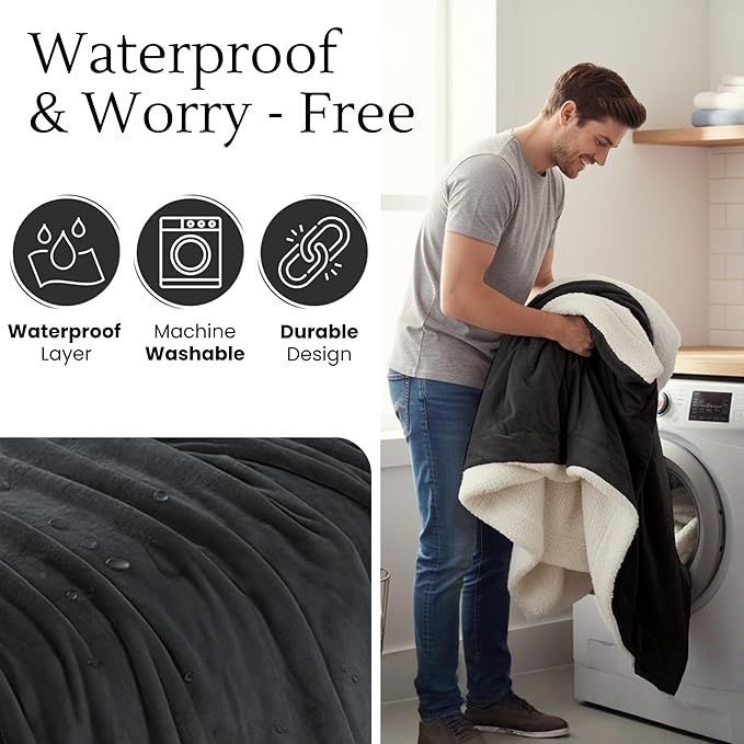 Waterproof Blanket for Bed Intimacy (40" x 60" Small), Reversible Fleece | Sherpa Throw, Water Proof Blanket TPU Stain Proof Couch Furniture Cover Large Dog Bed Winter Protector - Black