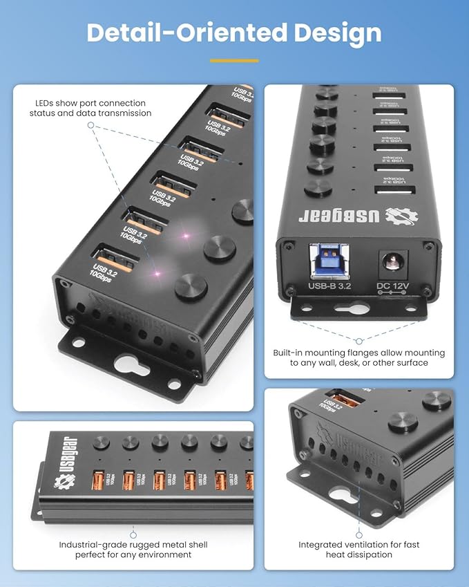 USBGear 7 Port USB 3.2 Hub – 10Gbps 48W Charging Hub with Individual On/Off USB Ports for Laptop, PC, Desktop, 12V/4A Power Adapter with Type-A to Type-B Cable (3ft), Computer Accessories