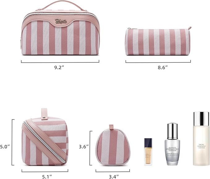 BOYATU Travel Makeup Bag Cosmetic Bag for Women: 3 Pcs Set Striped Make up Bag with Compartments - Waterproof Vegan Leather Toiletry Bags with Handle - Makeup Organizer for Travel Essentials(A-3-Pink)