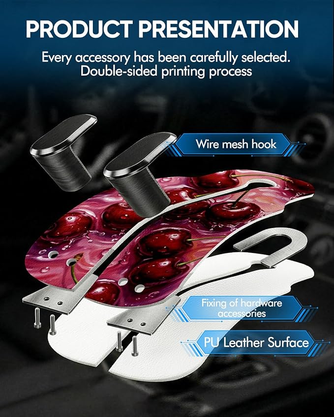 WOCOCN Purse Holder for Car, 2 Pack Heavy Duty Purse Hanger for Car, PU Leather Car Seat Hooks for Purses and Bags, Cute Cherry Headrest Organizer for Handbags & Backpacks